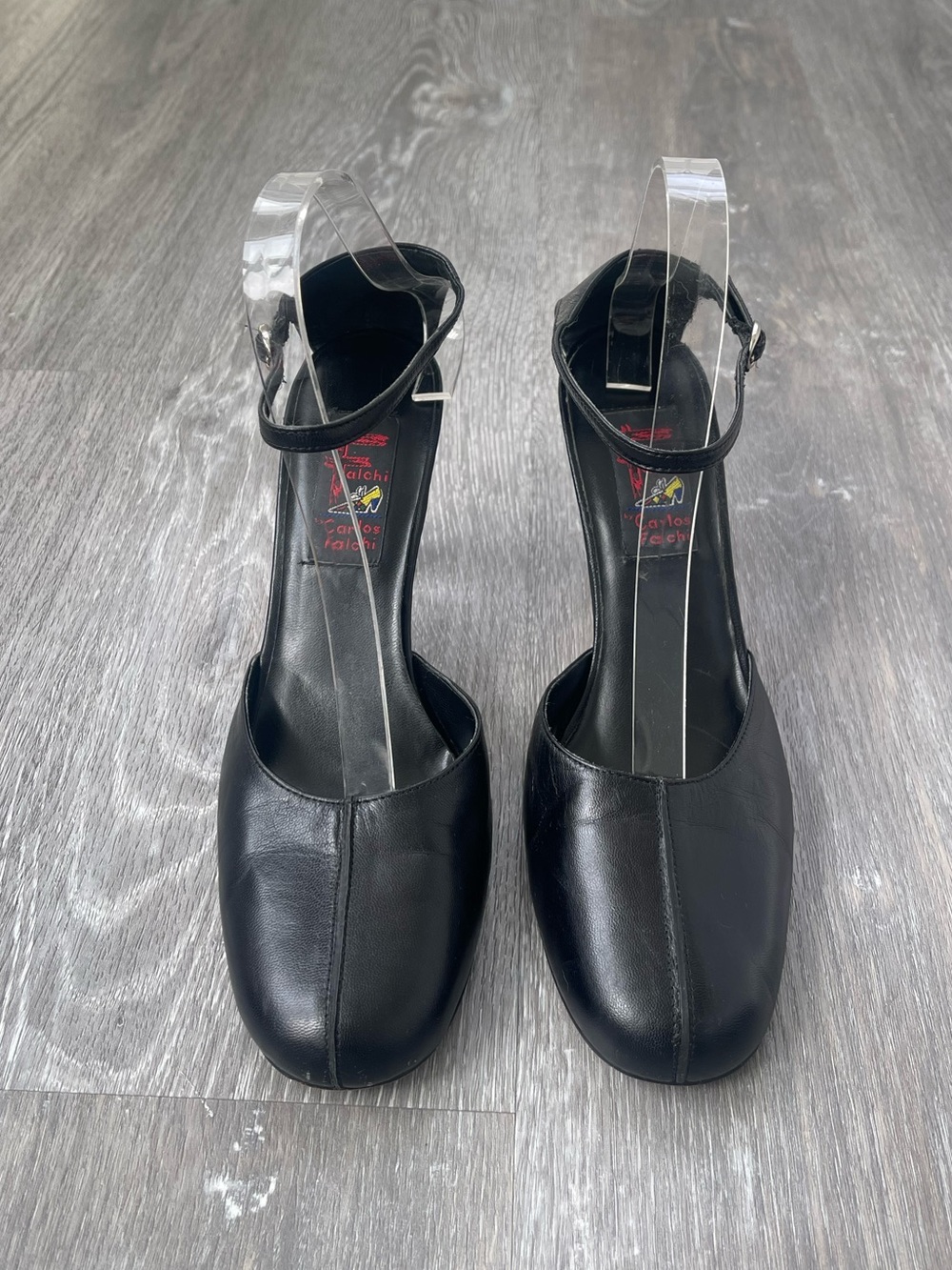 Carlos Falchi Black Leather Ankle Strap Heels Size 9